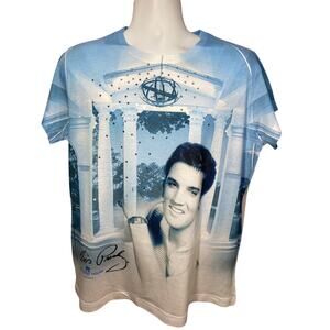 Elvis Presley Graceland Vintage AOP All Over Blue T-Shirt Sz XL Ladies